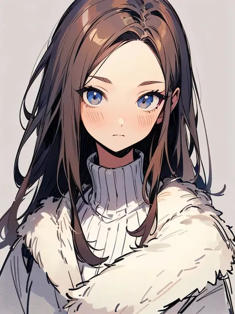 Alone,(upperbody),25years old,cute face,brown thin loose straight hair,big forehead,White fur、White winter coat、Elegant Boots、white simple background,(manga style),(sketch),(illustration),