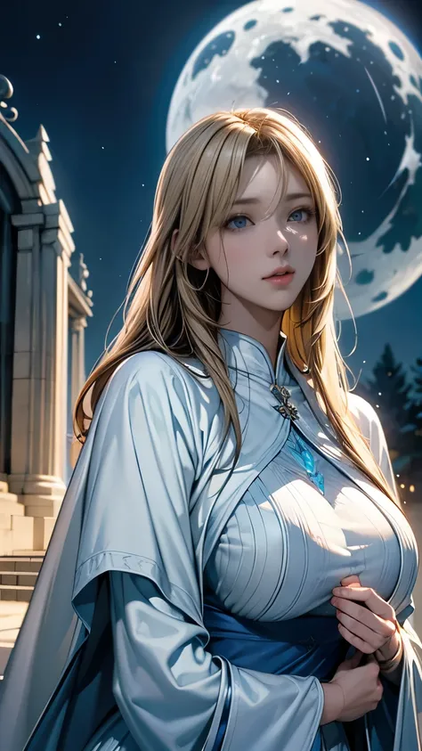 Perfect natural light、8KHigh resolution、High resolution、Beautiful woman、masterpiece、Beautiful mature woman、RPG-style parallel world、Blonde Wizard、White and blue robes、Beautiful breasts、It exudes a sacred aura.、Releases powerful light magic、Beautiful Moonli...