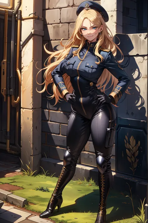 (extremely detailed CG unity 4k wallpaper),(masterpiece),(best quality),(ultra-detailed),(best illustration),(best shadow),(absurdres),Female, Long blond hair, Blue eyes, Arrogant smirk, WWII German uniform (Black), Skin tight jumpsuit, Black Gloves, High ...