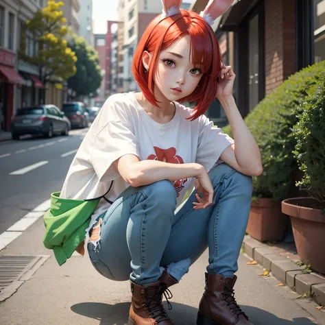 pretty girl、Red bob hair、Bunny ears、White T-shirt、Green jacket、Navy blue jeans、Brown boots 