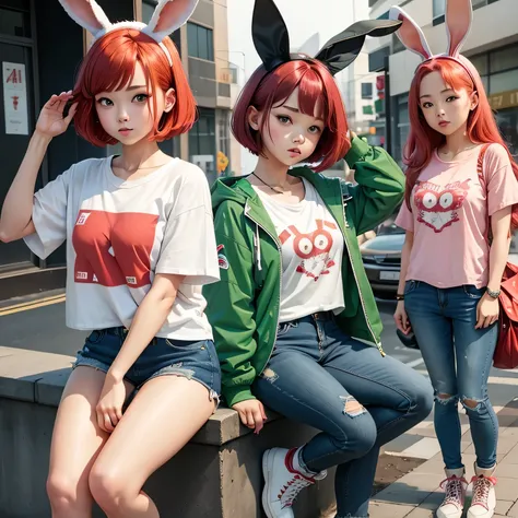 pretty girl、Red bob hair、Bunny ears、White T-shirt、Green jacket、Navy blue jeans、Brown boots 