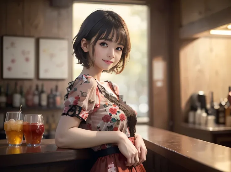 (Best Quality, masterpiece, Ultra-high resolution, 8k, RAW Photos, Realistic, Anatomically correct:1.5), 20-year-old girl:1.2, Embarrassing, Look away, blush:1.0, View Viewer, ((bar)) 、Large windows、Night view、 Light:1.2, Bokeh, Cinema Lighting:1.0, Depth ...