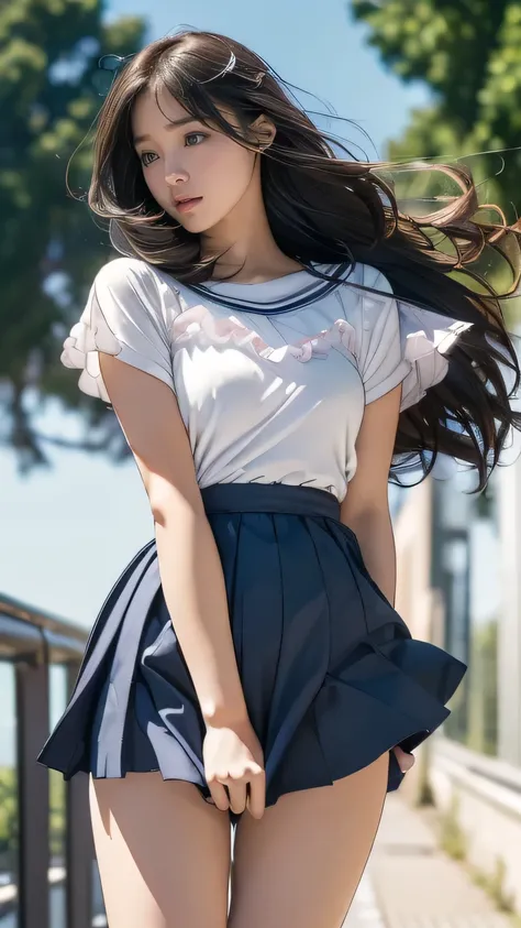 (((Innocent and cute junior high school student))), (The strong wind made her skirt flutter:1.4), ((I can see your underwear:1.5)), Beautiful Bob Hair, Immersion, Beautiful eyes, Ultra-high resolution, ((Thin thighs:1.3, Inner thigh:1.4)), Slender body lin...