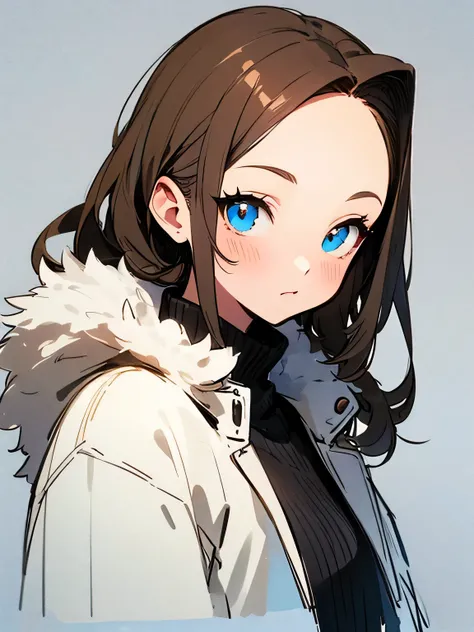 Alone,(upperbody),25years old,cute face:0.6,brown thin loose straight hair,big forehead,White fur、White winter coat、white simple background,(manga style),(sketch),(illustration),