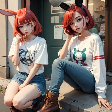 pretty girl、Red bob hair、Bunny ears、White T-shirt、Green jacket、Navy blue jeans、Brown boots