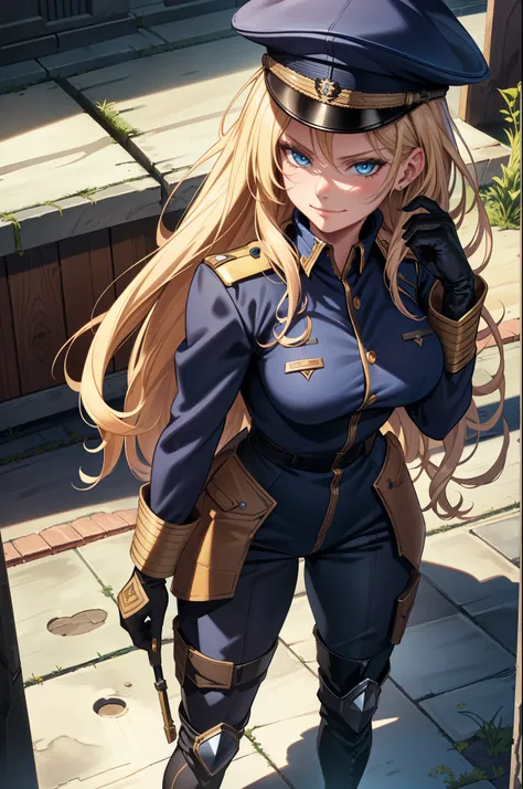 (extremely detailed CG unity 4k wallpaper),(masterpiece),(best quality),(ultra-detailed),(best illustration),(best shadow),(absurdres),Female, Long blond hair, Blue eyes, Arrogant smirk, WWII German uniform and hat (Black), Skin tight jumpsuit, Black Glove...