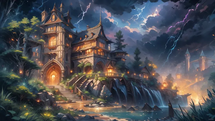 traditional watercolor painting (water color art: 1.5), an award wining, water color art, of a fantasy castle (masterpiece, best detailed, best quality: 1.4) , at night during lightning storm (masterpiece, best detailed, best quality: 1.4) in the forest at...