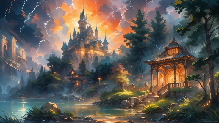 traditional watercolor painting (water color art: 1.5), an award wining, water color art, of a fantasy castle (masterpiece, best detailed, best quality: 1.4) , at night during lightning storm (masterpiece, best detailed, best quality: 1.4) in the forest at...