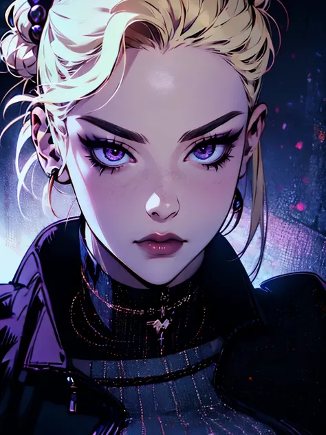 hyper-realistic of a mysterious woman with a high and blond bun, piercing purple eyes, upper body, winter