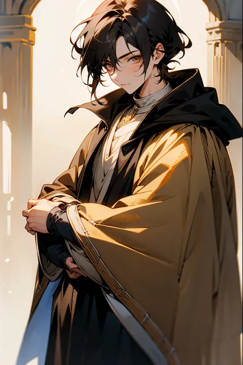 1male, built, black hair, middle parted hair, light brown eyes, medieval clothing, cloak, outside, lighting