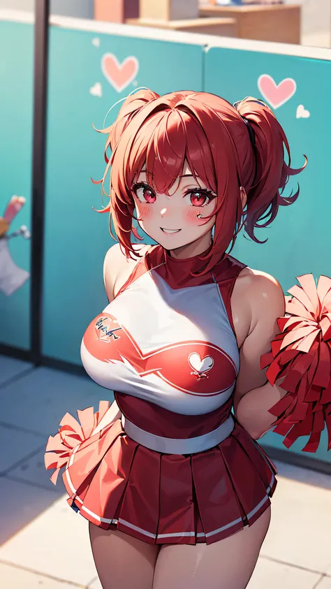 ((highest quality, muste piece, High resolution)), Zoom photo from above, Cheerleader, Cheerleader costumes, (cute smile:1.5, blush:1.5, looking up:1.2), big breasts, red hair, medium bob, mole under the eye, sharp eyeliner, (heart symbols are displayed ar...