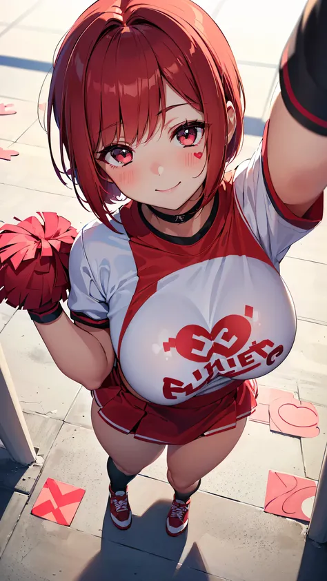 ((highest quality, muste piece, High resolution)), Zoom photo from above, Cheerleader, Cheerleader costumes, (cute smile:1.5, blush:1.5, looking up:1.2), big breasts, red hair, medium bob, mole under the eye, sharp eyeliner, (heart symbols are displayed ar...