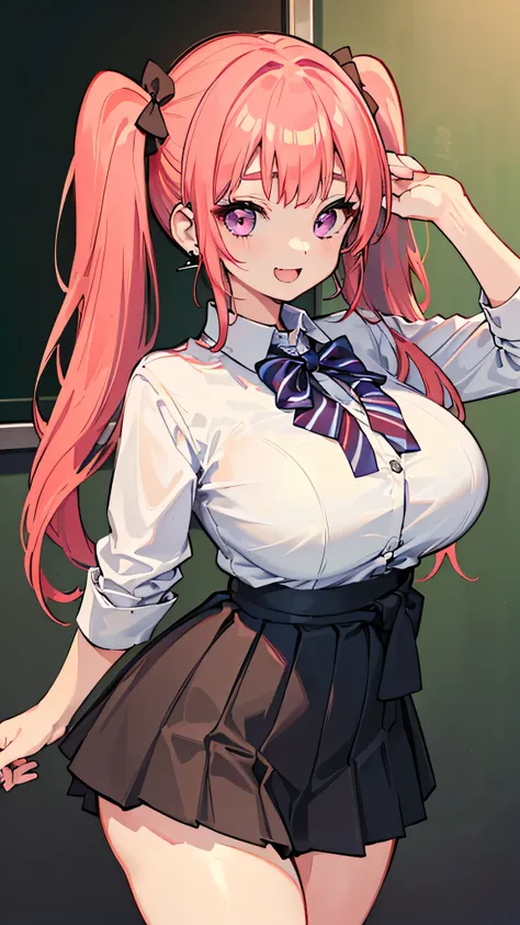 (masterpiece、Please redeem、Very detailed))、One Girl、Improve、Red gradient hair、Long Hair、Twin tails、Bright purple eyes、Wicked Smile、((Open your mouth))、((Lots of earrings))、((Large Breasts))、((White collar shirt))、、Bow tie、((Black pleated skirt))、((mini ski...