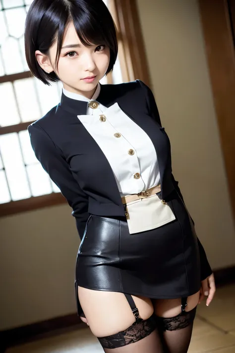 Beautiful Japanese woman, short hair, smiling, ((masterpiece)), ((top quality)), ((super detailed)), 1girl, sparkling skin, stewardess uniform, (skirt is tight on hips and legs), absolute area, enough to make a man cum, enough to make him imagine. Her brea...