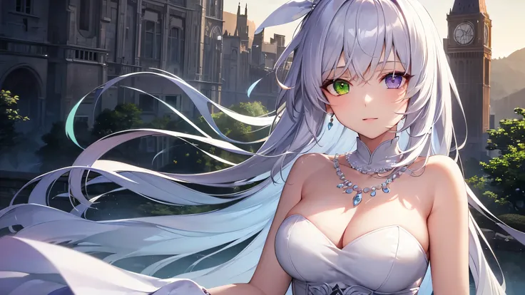 Best Quality, 8k, 4K, High resolution, High Contrast,1girl,only, ２０generation, Beautiful silvery white hair, heterochromia(purple eyes,green eyes), beautiful eyes, Moderate bust, Pearl Necklace, white gothic dress, Precise and beautiful scenery