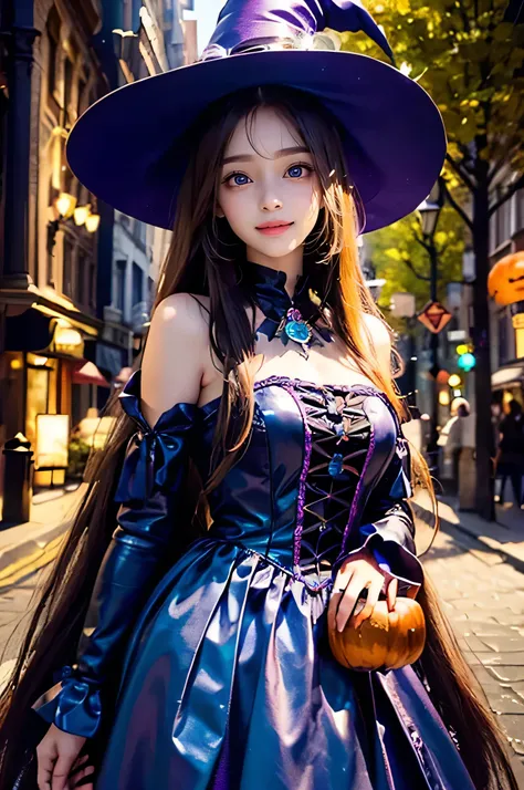 (Very beautiful  cute girl), (very  cute face:1.2),14 yo, (sparking crystal clear attractive large eyes), Beautiful eyes, Detailed double eyelids, (smiling), (realistic photograph:1.2), long straight hair, halloween fancy dress witch costume,super gorgeous...