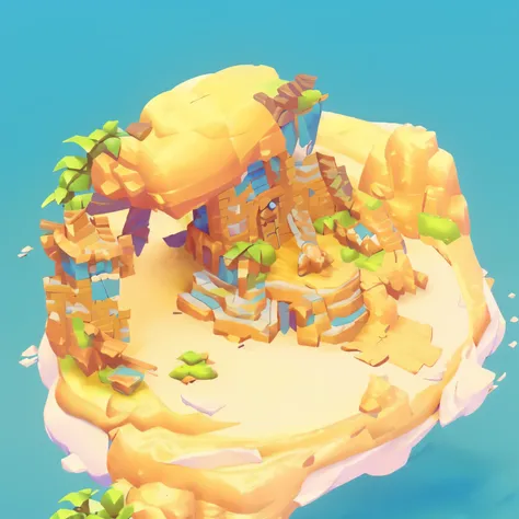 Close-up of a small island，There is a horse and a horse on the island, Myth Island, set up, Mysterious Island, Island Background, One Piece Style, Isometric 3D fantasy island, Stylized concept art, , Stylized 3d rendering, Designed in 3D rendering, Totalit...