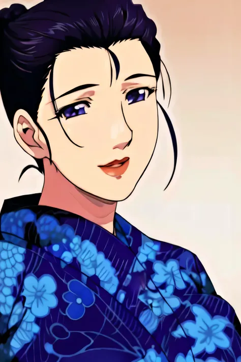 Simple Background,White Background,
purple kimono,floral print,japanese clothes,wide sleeves,long sleeves,
cleavage,
purple eyes, black hair,bangs,hair bun,
1 girl,Young female,Beautiful long legs,Beautiful body,
Beautiful Nose,Beautiful character design,...