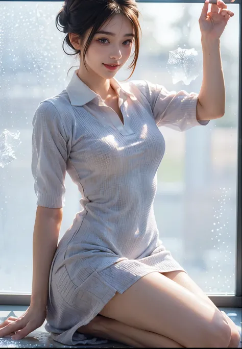  Ultra-high resolution，High-resolution details，4k photo real,((Frosted Glass Portrait:1.4)),22 years old,1 girl,((Half-up chignon hairstyle with a UNIQLO collared dress:1.4)),((Smiling with teeth showing)),8k,((Face Focus:1.2)),thinウエスト,thin脚,Sale Eye Make...