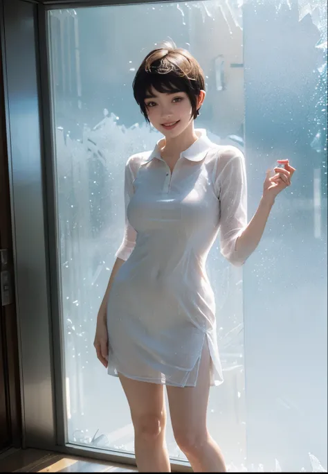  Ultra-high resolution，High-resolution details，Photo realistic,((Frosted Glass Portrait:1.4)),22 years old,1 girl,((Two-block short hair and a UNIQLO collared dress:1.4)),((Smiling with teeth showing)),8k,((Face Focus:1.2)),thinウエスト,thin脚,Sale Eye Makeup,t...