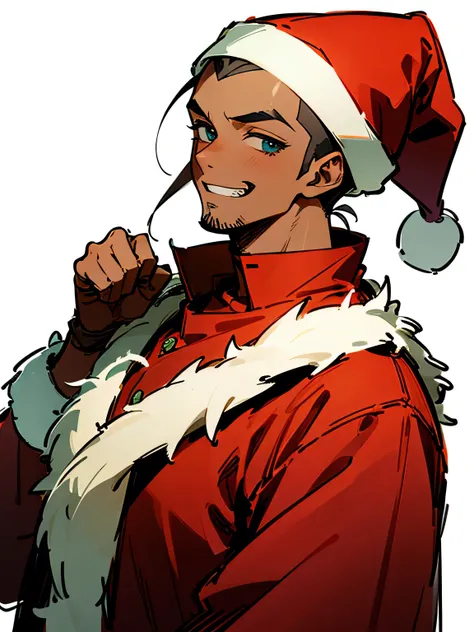 solo,(upperbody),male,sideshaved,black short spiky hair,big forehead,Mens eyes, mens noses, mens mouths,(dark skin),stubble:0.6,dressed as santa claus、スタイリッシュモデルポーズ、grin,white simple background,(manga style),(sketch),(illustration),