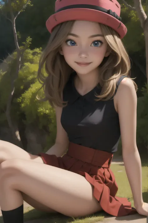 pkmnserena, 1girl, solo, blue eyes, blonde hair, long hair, low-tied long hair, hat, pink headwear,
black shirt, collared shirt, sleeveless, red skirt, high-waist skirt, pleated skirt, black thighhighs,
smile,closed mouth,cowboy shot,sitting,
forest,outdoo...