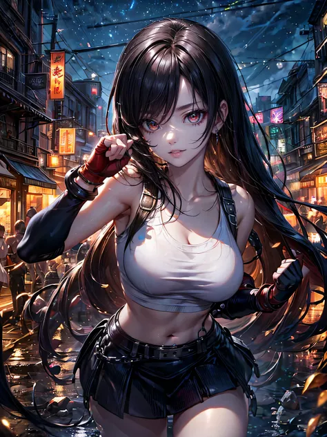 masterpiece,(Best Quality),Very detailed,Very detailed,
A seductive smile 、angle(night:1.4), 1girl, Alone, Tifa FF7 、White tank top、Black Short Skirt、bracelet, earrings,  large breasts、Metal Gloves、Fighting Pose、fight、（ultradetailed steampunk local city:1....