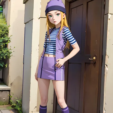 (masterpiece, best quality), 1girl, izumi Orimoto, outdoors, streets, green eyes, blonde hair, long hair, purple beanie, purple vest, purple miniskirt, blue white striped shirt, long purple socks, purple vest, striped shirt, navel shirt, medium size breast...