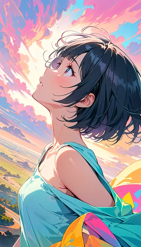 Best Quality, Very detailed, High resolution, Vibrant, masterpiece, Best Quality, Best aesthetics, One Woman, Super Fine, 8k, Very detailed, Beautiful Goddess, Pastel colored clouds, Pop Art, Delicate and dynamic, Pastel Color Fantasy, Black Hair, Bobcut, ...