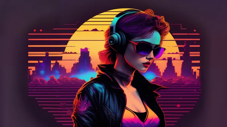 (masterpiece:1.5), (best quality:1.5), wonderful, beautifully detailed, highly detailed wallpaper, Hot Girl, Wear sunglasses and headphone, vectorized, setting sun, synthwave, purple blue red orange, bright neon colors on a dark background, appearance from...