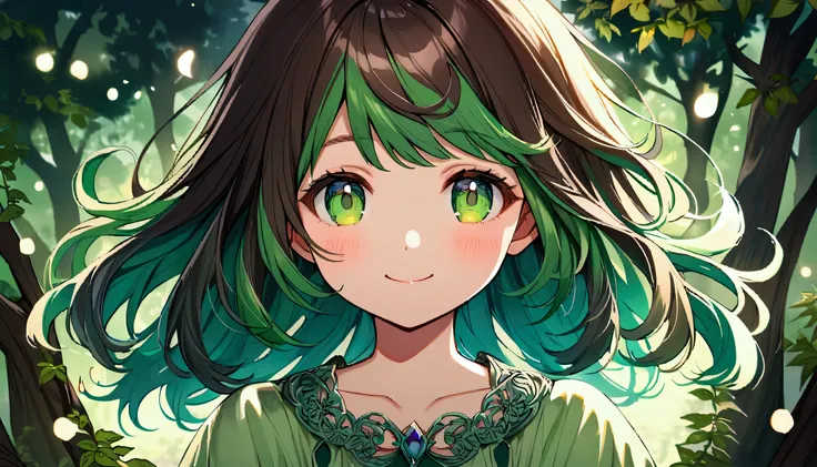 teenage girl, childlike appearance , shorty, hair tidy, medium length hair, dark brown and multicolored green hair, normal face, lovely smile, Dark green eyes, stylish white and green dress, very detailed bracelets, aura of tree leaves around the character...