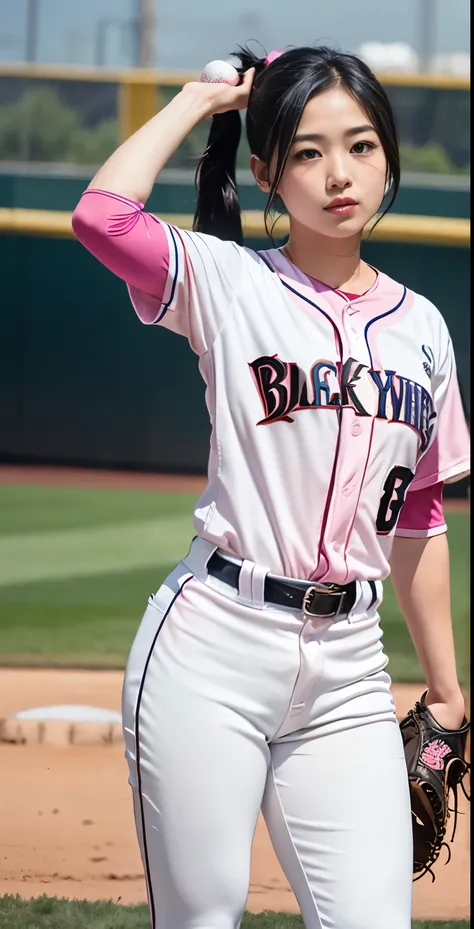 （8k、Raw photography、Please redeem、、masterpiece：1.2),(Black Hair、ponytail:1.7),Show Viewer,Look ahead,Erotic,白いskin,(Wearing a pink and white baseball uniform:1.6)、(Clothes that accentuate the shape of your breasts、Publish one&#39;skin:1.5)、(big :1.3)、Slim ...