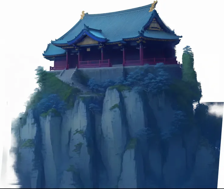 There is a painting，There is a building on a hill in the painting，The roof is blue, Digital painting of a pagoda, Dojo on the mountain, temple background, temple, Cyberpunk Ancient Chinese Castle, Studio Ghibli Environment, Highly detailed digital painting...