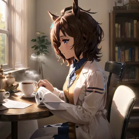 anime girl sitting at a table drinking coffee, realistic anime 3d style, anime realism style, realistic anime art style, horse e...