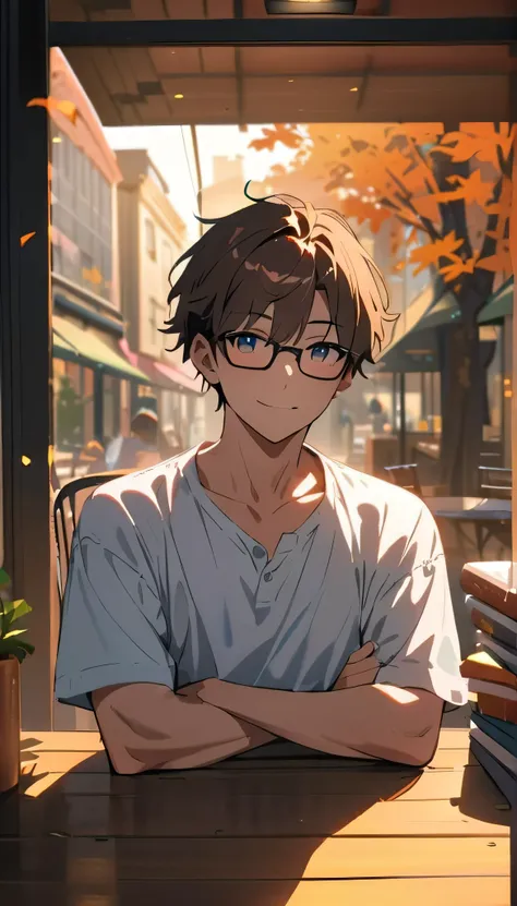 1 person,A handsome man is sitting opposite, Brown Hair, short hair,Glasses,Ultra-fine,Introvert,Cheeky Eyes,masterpiece, Reflected Light, Bright Eyes, White Shirt,relax,books,is staring at me,Cafe terrace in the evening,autumn leaves,smile,Best Quality