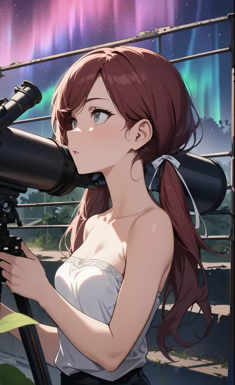 (masterpiece, best quality), 1girl, stoic, looking to the side, beautiful face, looking up, Gray eyes, dark red hair, swept bangs, low twin tails, white ribbons, strapless gray shirt with white trim, black jeans, setting up telescope, small breasts, toned ...