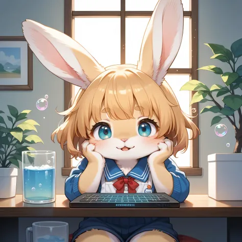 score_9, score_8_up, score_7_up, score_6_up, score_5_up, score_4_up, source_anime, best quality, amazing quality, very aesthetic, absurdres, 1girl, (furry, kemono:1.3), rabbit, bubbles spread across the screen, and the womans face peeks out from the bubble...