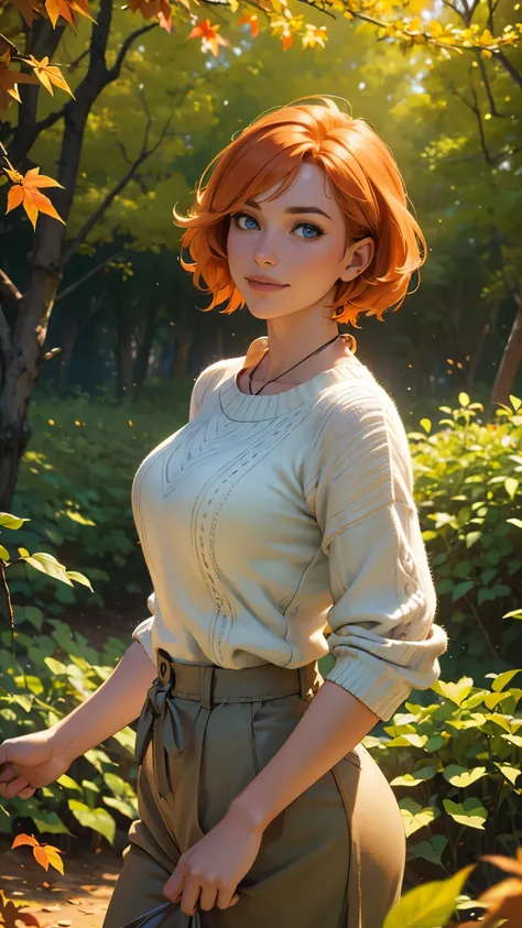 a beautiful girl with short orange hair, perfect smile, blue eyes, wearing a green sweater, walking in an autumn forest with leaves falling around her, looking directly at the viewer, (best quality,4k,8k,highres,masterpiece:1.2),ultra-detailed,(realistic,p...