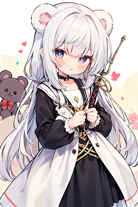 
A cute little bear girl, Wearing cute clothes, cute pose, cute expression, White hair, Holding a sword in one&#39;s hand