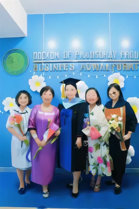 anime image, several women in graduation gowns pose for a photo with flowers, group photo, wearing an academic gown, album photo, 2 0 2 2 photo, photo taken in 2 0 2 0, from left, profile picture, music phd, graduation photo, 🤬 🤮 💕 🎀, dlsr photo, ny, 🕹️ 😎 ...