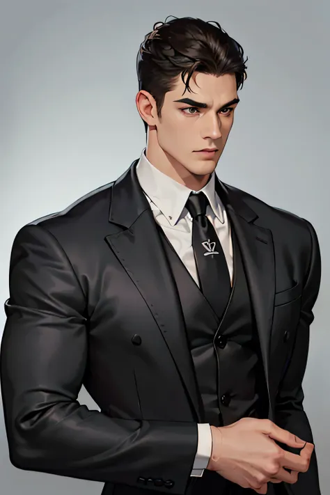 (Absurd, High resolution, Super detailed, Realistic, ), 1 male, Alone, adult, Mature, Tall and muscular man, Broad shoulders, good looking, Very short hair, Black Hair, Brown eyes, Square jaw, Thick neck, Thick eyebrows,, dark, Gray background, Formal Suit...