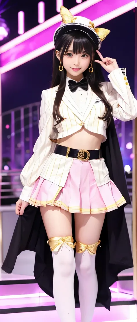 Pure idol girl、whole body、　Good style、、、、、、、、、、Thick legs、、Striped Magician Suit（White and shiny pink and gold）、、halloween belt、A pure girl&#39;s face、、