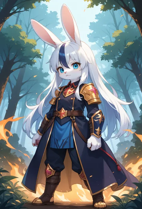 score_9, score_8_up, score_7_up, score_6_up, score_5_up, score_4_up, source_anime, best quality, amazing quality, very aesthetic, absurdres, 1girl, (furry, kemono:1.2), rabbit, In a forest shrouded in darkness, a hero battles against an evil emperor. The h...