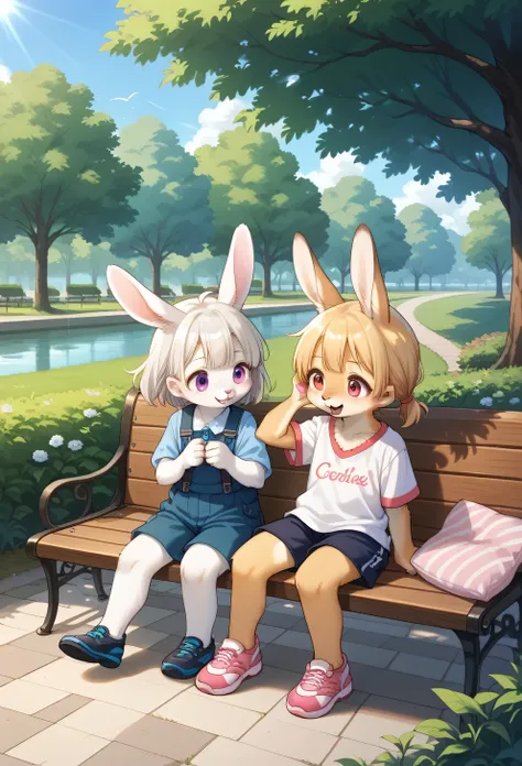 score_9, score_8_up, score_7_up, score_6_up, score_5_up, score_4_up, source_anime, best quality, amazing quality, very aesthetic, absurdres, 1girl, (furry, kemono:1.2), rabbit, In a park, children are having a gentle pillow fight on a bench. They are laugh...