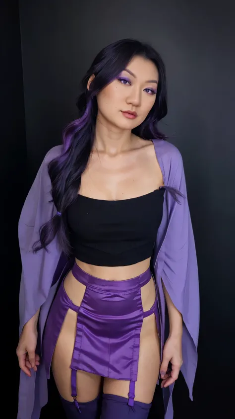 masterpiece, best quality,solo,girl,raiden shogun,closeup cleavage,photorealestic,realisticlying,skin textures,with black background,skinny pants,big breasts, beautiful,upperbody closeup, purple eyes, japanese clothes, purple hair, long hair,purple kimono,...