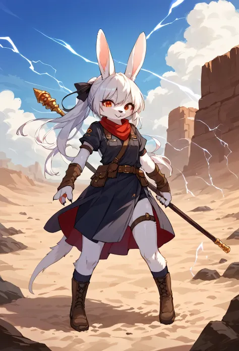 score_9, score_8_up, score_7_up, score_6_up, score_5_up, score_4_up, source_anime, best quality, amazing quality, very aesthetic, absurdres, 1girl, (furry, kemono:1.2), rabbit, In the desert wasteland, a heroine faces off against an evil emperor. The heroi...