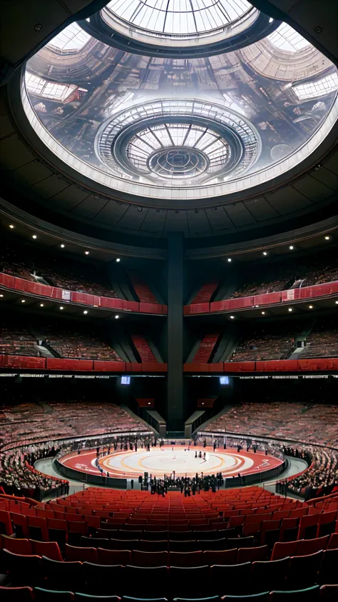 Photo, 8k, i am Standing in the center of the grounds inside the Tokyo Dome, a view of the ceiling and the packed auditorium, futuristic city, Tokyo