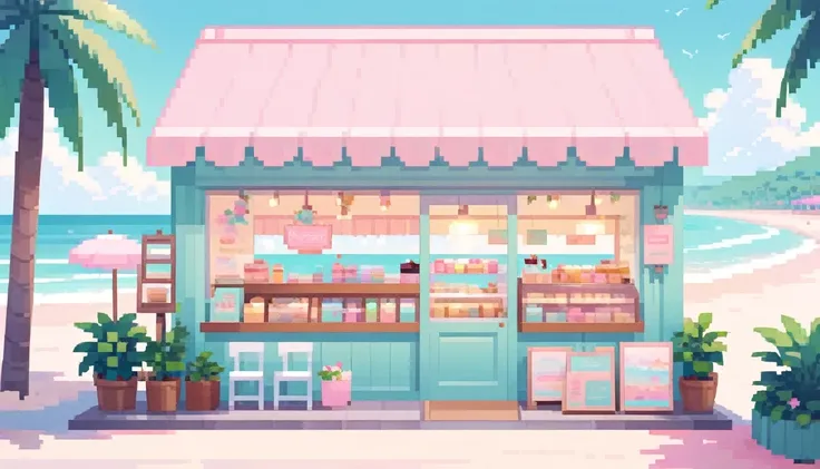 Lofi Cozy Dessert shop , pastel ,minimal ,Cute , Kawaii , Beach
