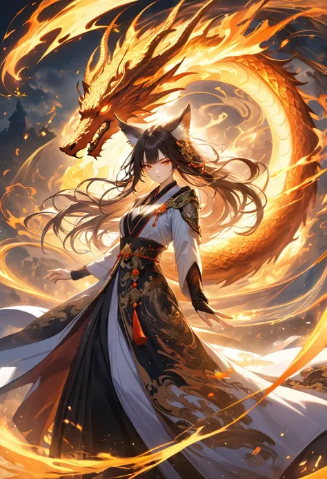 1girl, long flowing hair, fox ear, ceremonial robe, ((floating)), fly,fierce determined expression, large coiling dragon, glowin...