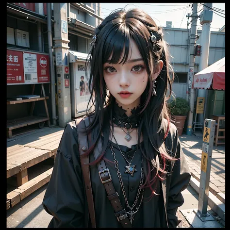 Best Quality、8k、masterpiece：1.3、Gothic Punk、Red inside、A dark-haired、Hair ornaments、a beauty girl、Creative、Dark Fantasy Style、Neogos、Goth Fashion：1.2、High resolution、masterpiece、Best Quality、頭w:1.3、((Hasselblad Photography))、Fine skin、Sharp focus、(Cinemati...